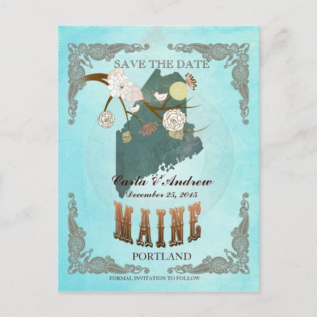 Aqua Save The Date - Maine Karta Med Vackra Fåglar Meddelande Vykort (Framsida)