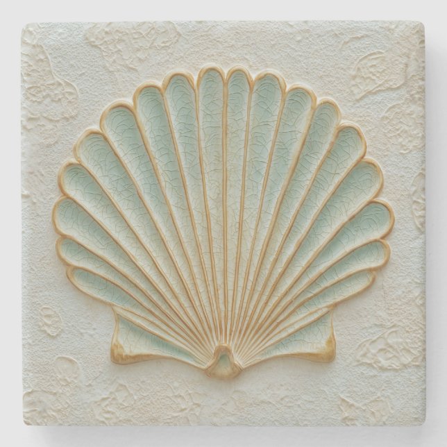 Aqua Scallop Shell Coastal Art Stenunderlägg (Framsidan)