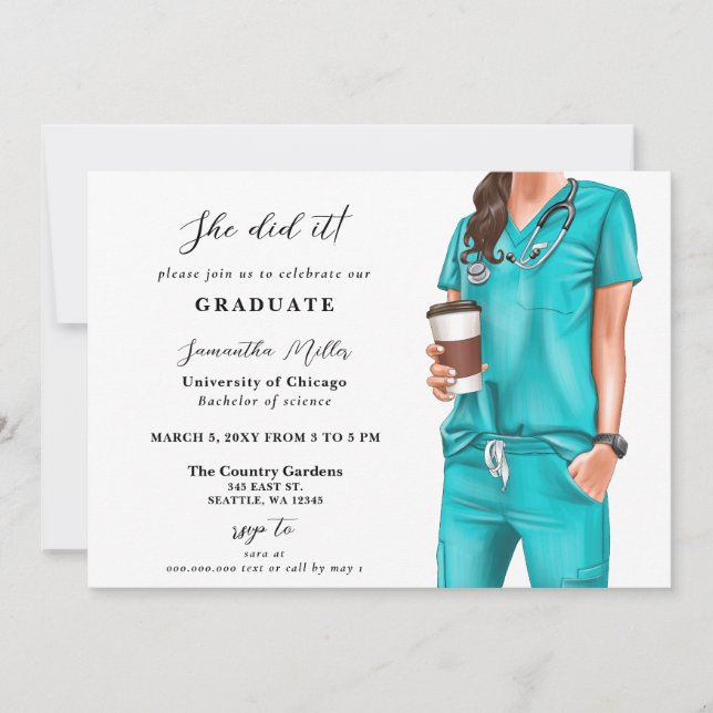 Aqua Scrubs Nurse Photo Hon gjorde det Studenten Inbjudningar (Framsida)