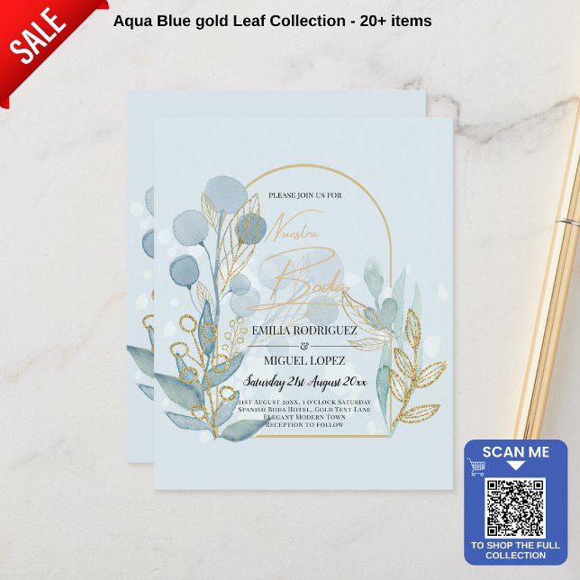 Aqua Sea Glass Guld Spanska Boda Bröllopbjudan (Skapare uppladdad)