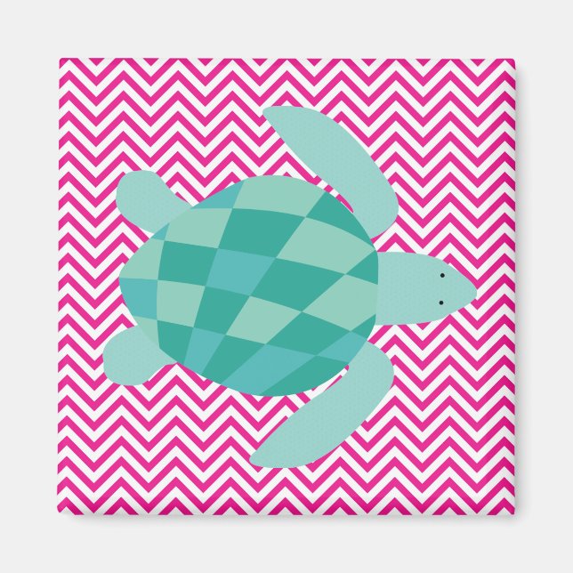 Aqua Sea Turtle vid Rosa Chevron Rand Magnet (Framsidan)