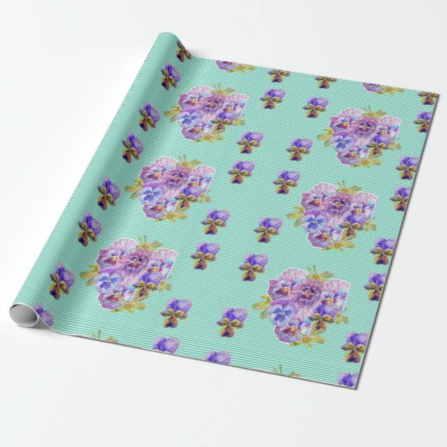 Aqua Shabby chic Pansy-blommor blommigt Wrapping Presentpapper (Utrullad)