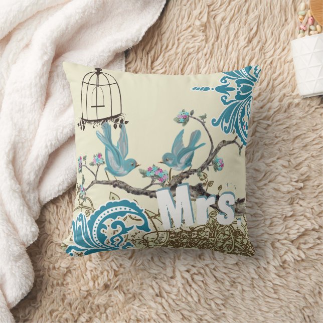 Aqua Shock rosa Birds Mrs Brides Pillow Kudde (Filt)