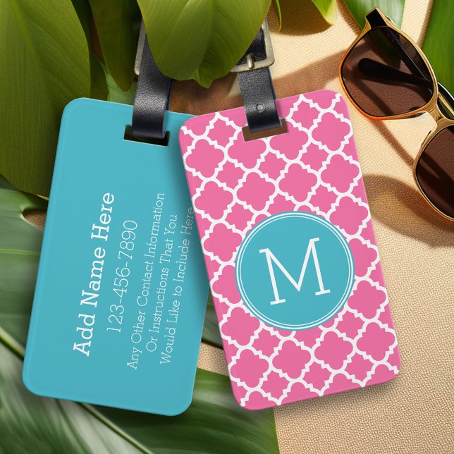 Aqua Shock rosa Quatrefoil Mönster Anpassningsbar  Bagagebricka (Custom Monogram Luggage Tag)