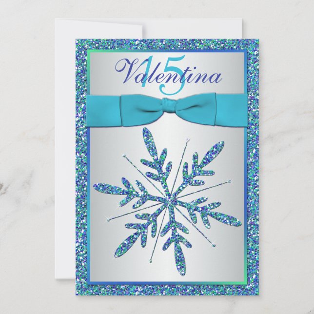 Aqua, Silver, Blue Snowflake Quinceanera Inbjudan (Framsida)