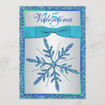 Aqua, Silver, Blue Snowflake Quinceanera Inbjudan
