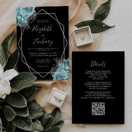 Aqua Silver Floral Black QR Code Wedding Inbjudningar