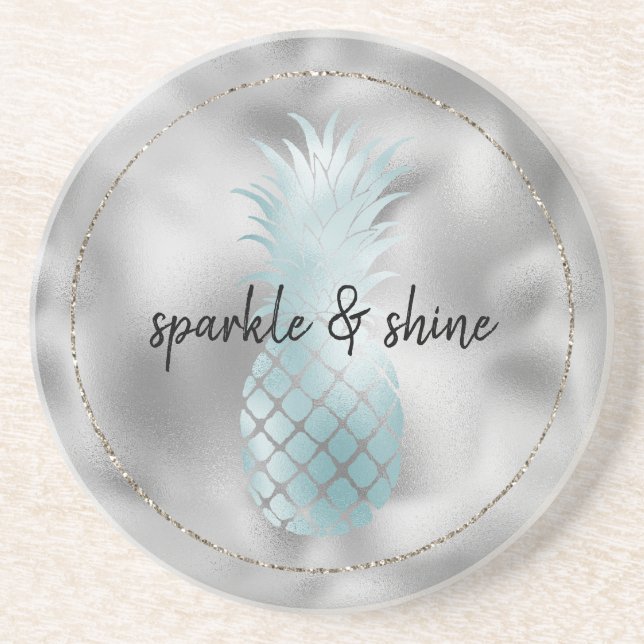 Aqua Silver Glam Glitz Pineapple Underlägg (Framsidan)