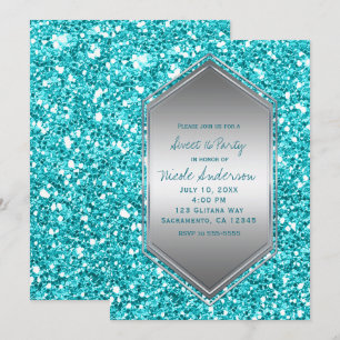 Aqua Silver Glitter Glam Födelsedagsfest Alla Even Inbjudningar