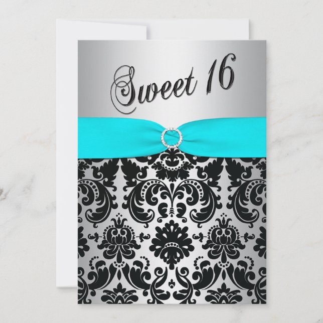 Aqua, Silver och Black Damask Sweet 16 inbjudninga Inbjudningar (Framsida)