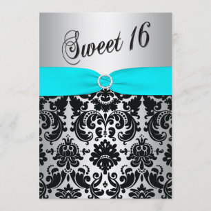 Aqua, Silver och Black Damask Sweet 16 inbjudninga Inbjudningar