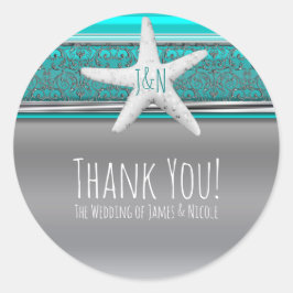 Aqua & Silver Sjöstjärna Elegant Strandbröllopsgåv Runt Klistermärke