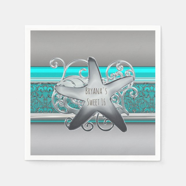 Aqua & Silver Starfish Elegant Strandfest Pappersservett (Framsidan)