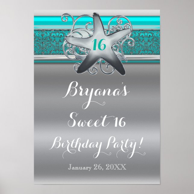 Aqua & Silver Starfish Strand Sweet 16-banner Poster (Framsidan)