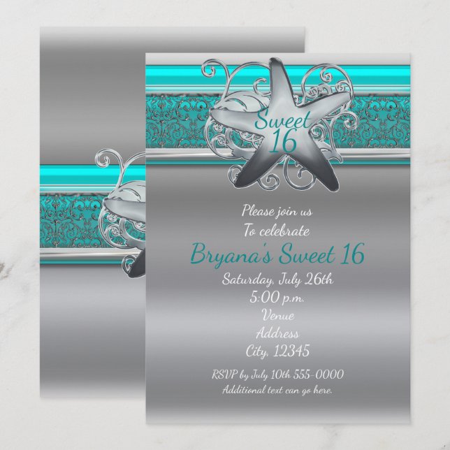 Aqua & Silver Starfish Strand Sweet 16-inbjudninga Inbjudningar (Fram/baksida)