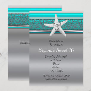 Aqua & Silver Starfish Strand Sweet 16-inbjudninga Inbjudningar