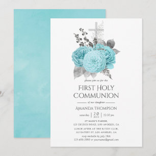 Aqua & Silver Vintage Shabby Roses Nattvard Inbjudningar