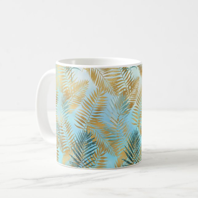 Aqua Sky Grönt Guld Tropiska blad     Kaffemugg (Framsida vänster)