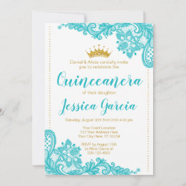 Aqua Snöre och Glitter Guld Princess Quinceañera Inbjudningar