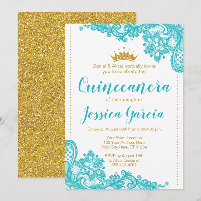 Aqua Snöre och Glitter Guld Princess Quinceañera Inbjudningar (Fram/baksida)