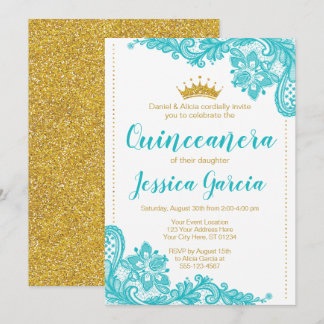 Aqua Snöre och Glitter Guld Princess Quinceañera Inbjudningar