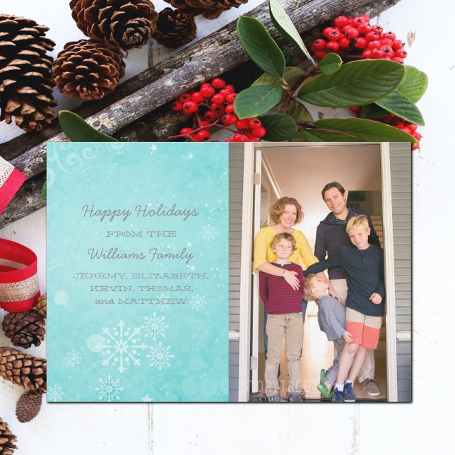 Aqua Snowflake Swirls Helgdag Photo Flat Card Julkort (Aqua Snowflake Swirls Holiday Photo Card)