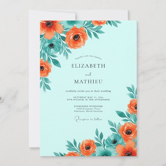 Aqua Spirited Botanical Wedding Inbjudningar (Framsida)