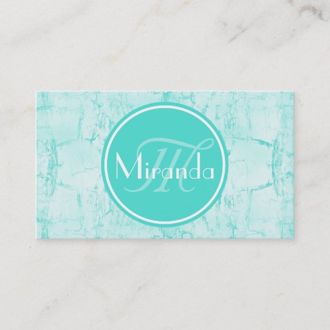 Aqua Sprucken Målad Monogram Visitkort (Framsida)