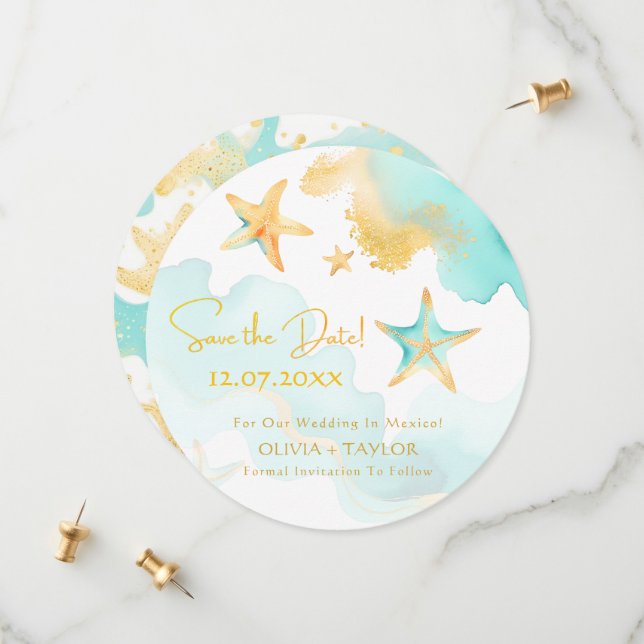 Aqua Starfish Marin Bröllop Save the Date Spara Datumet (Fram/Back In Situ)