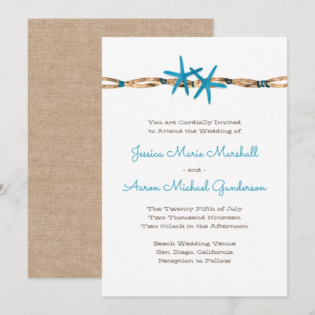 Aqua Starfish och Nautical Rope Bröllop 2 Inbjudningar (Fram/baksida)