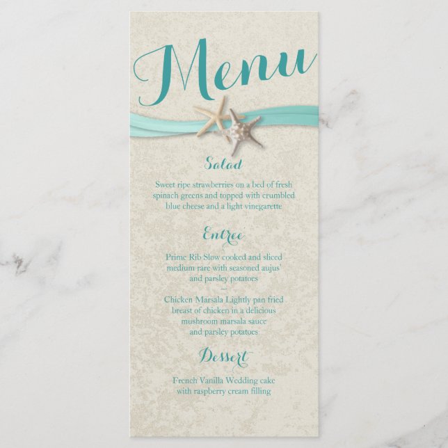 Aqua Starfish och Ribbon Beach Wedding Menu Meny (Framsida)