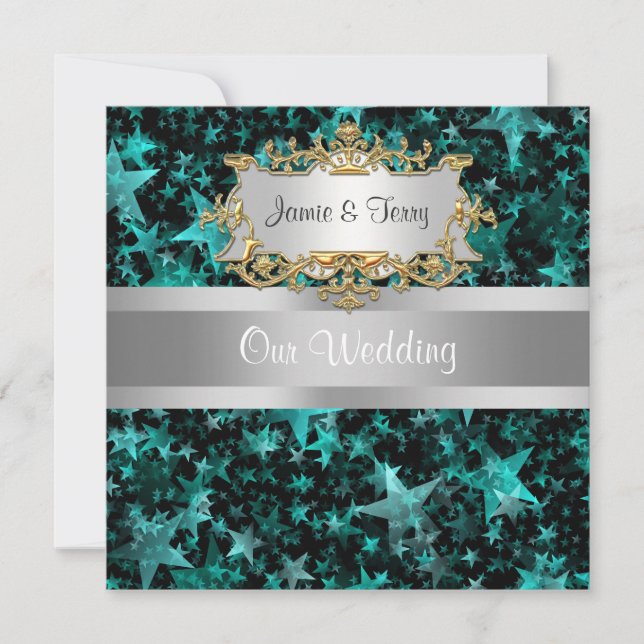 Aqua Stars Grått Ribbon Wedding bjudande Inbjudningar (Framsida)