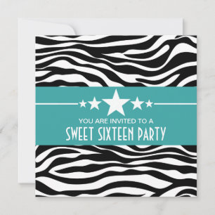 Aqua Stars Zebra tryck Sweet 16 Inbjudan