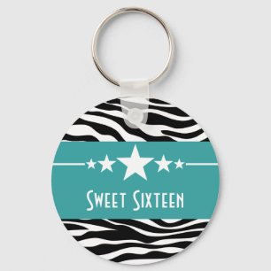 Aqua Stars Zebra tryck Sweet 16 Keychain Nyckelring