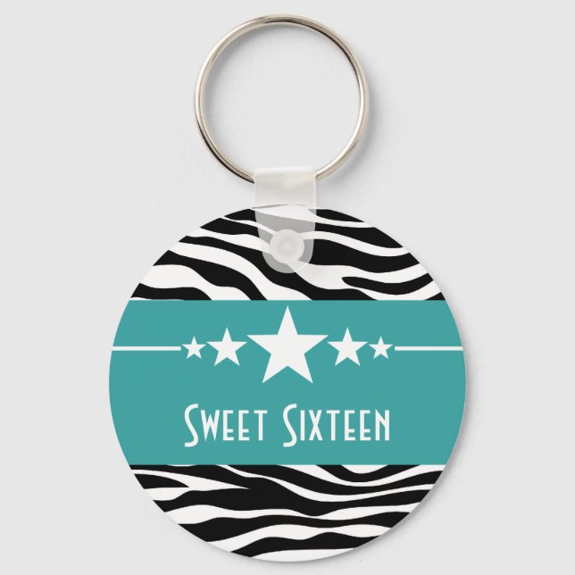Aqua Stars Zebra tryck Sweet 16 Keychain Nyckelring (Framsida)
