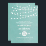 Aqua String Ljus bröllopsinbjudan Inbjudningar<br><div class="desc">Chicens moderna inbjudan till sommarbröllop, med en enkel elegant med glödande sträng ljus som hänger över överkanten och en klassblandning av modernt och kalligrafiskt skript typsnitt på en utskriven struktur-bakgrund med faux vattencolor. En enkel och snyggt, perfekt till sommaren! Klicka på knappen CUSTOMIZE IT för att anpassa typsnitt, flytta texten...</div>