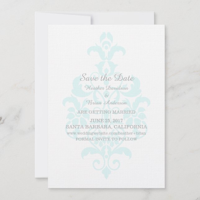 Aqua Subtle Damask Save the Date Inbjudan (Framsida)