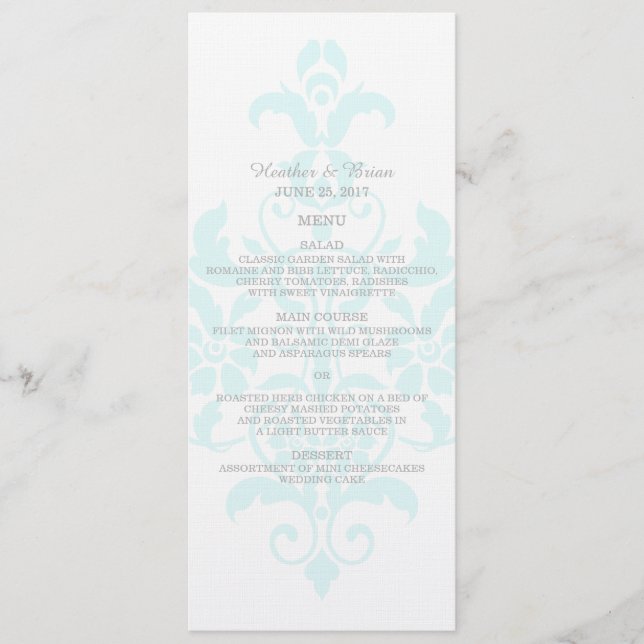 Aqua Subtle Damask Wedding Menu Meny (Framsida)