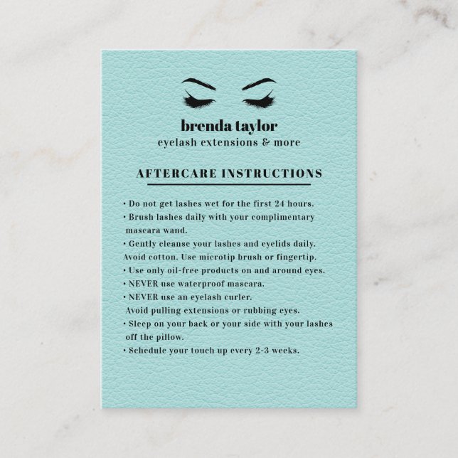 AQUA Suede Eyelash Browbar Aftercare Instructions Visitkort (Framsida)