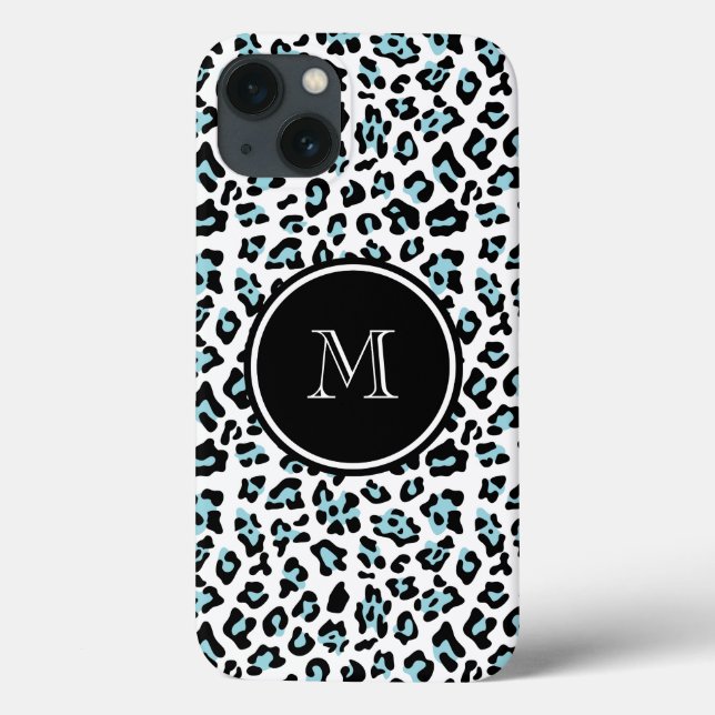 Aqua Svart Leopard Djurtryck med Monogram (Baksida)