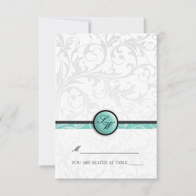 Aqua Swirl Monogram Vikbar Tält Namnkort Inbjudningar (Framsida)