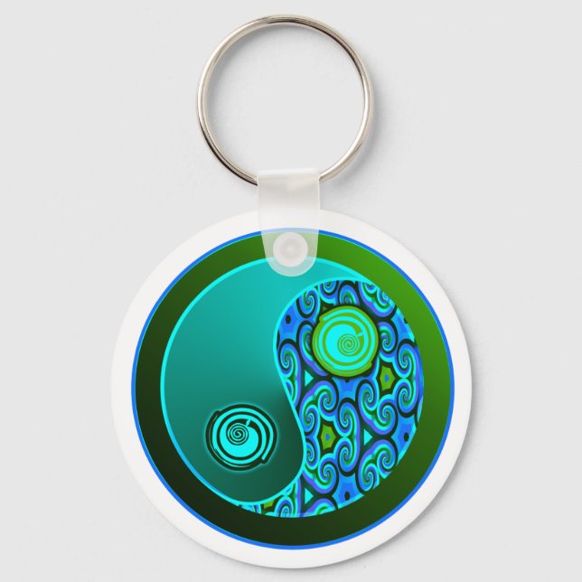 Aqua Swirls Yin Yang Nyckelring (Framsida)