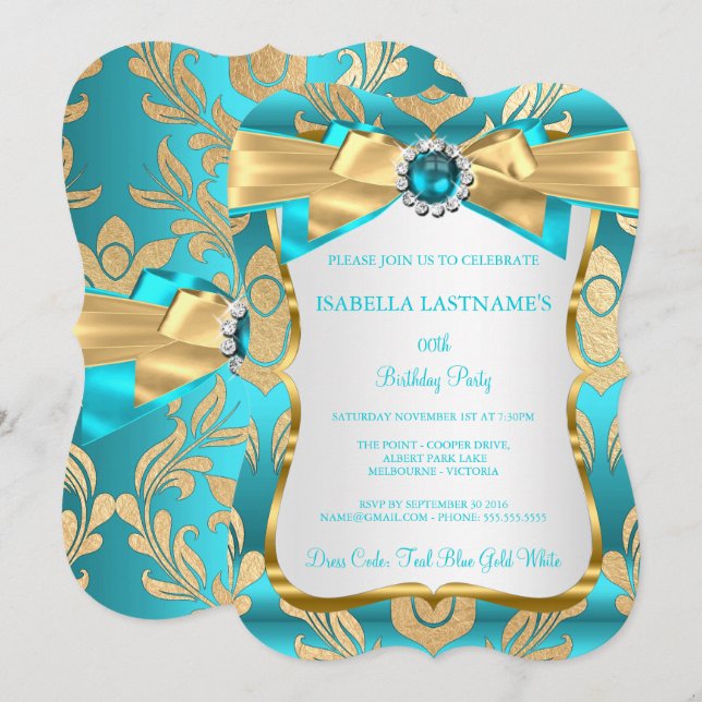 Aqua Teal Blå Guld Damask Födelsedagsfest Inbjudan (Fram/baksida)