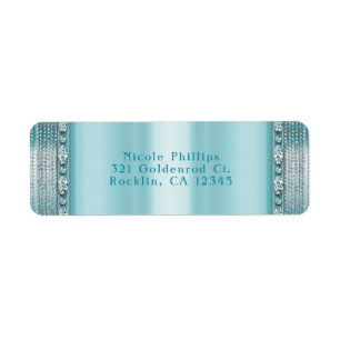 Aqua Teal Blå & Silver Diamant Bling Inbjudan Returadress Etikett