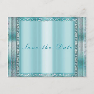 Aqua Teal Blå Silver Diamant Bling Spara Datum Meddelande Vykort