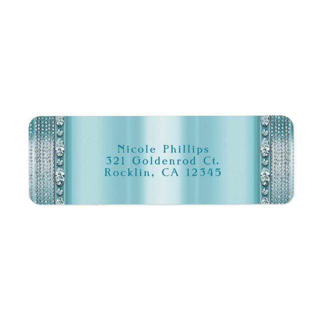 Aqua Teal Blå & Silver Diamond Bling Inbjudan Returadress Etikett (Framsidan)
