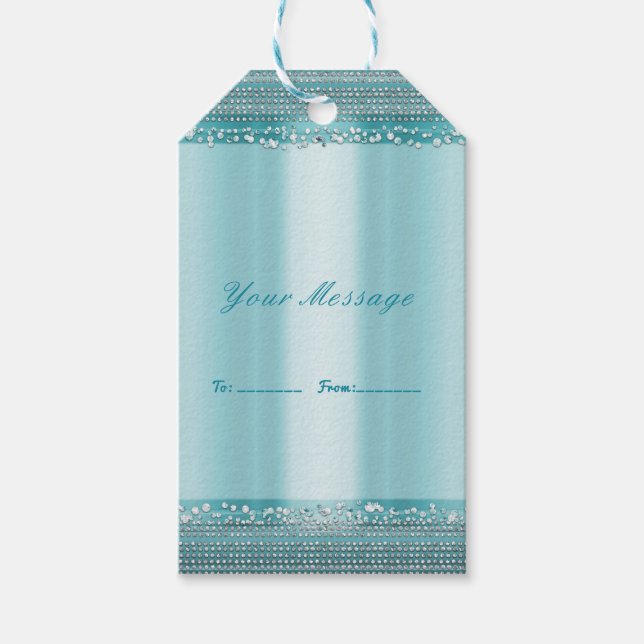 Aqua Teal Blå & Silver Diamond Bling Party Favor Presentetikett (Framsidan)