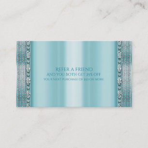 Aqua Teal Blå & Silver Diamond Bling Referera Vän Rabattkort