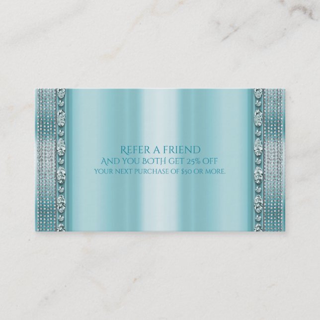 Aqua Teal Blå & Silver Diamond Bling Referera Vän Rabattkort (Framsida)