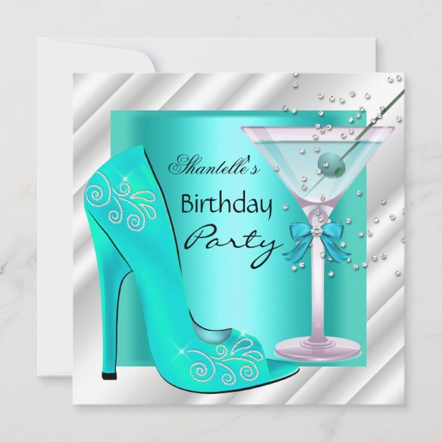 Aqua Teal Blå Vit Martini Födelsedagsfest Inbjudningar (Framsida)